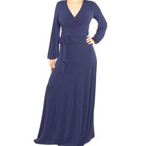 Janette Fashion Navy Bell Long Sleeve Evening Formal Faux Wrap Maxi Dress